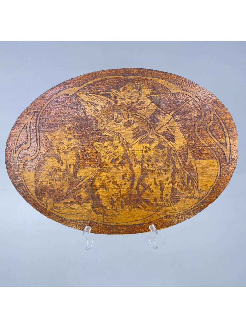 vintage flemish art co. pyrography wood plaque featuring 5 kittens under umbrell